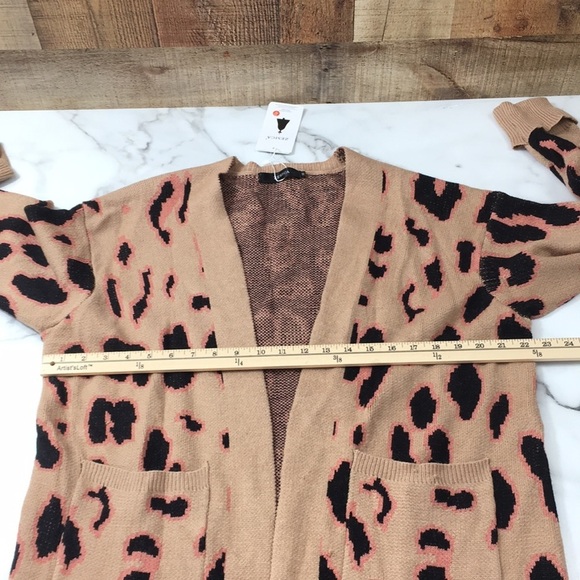 Zesica Tan‎ Pink Leopard Knit Cardigan Womens Medium Tunic Sweater Open Front - Picture 8 of 10